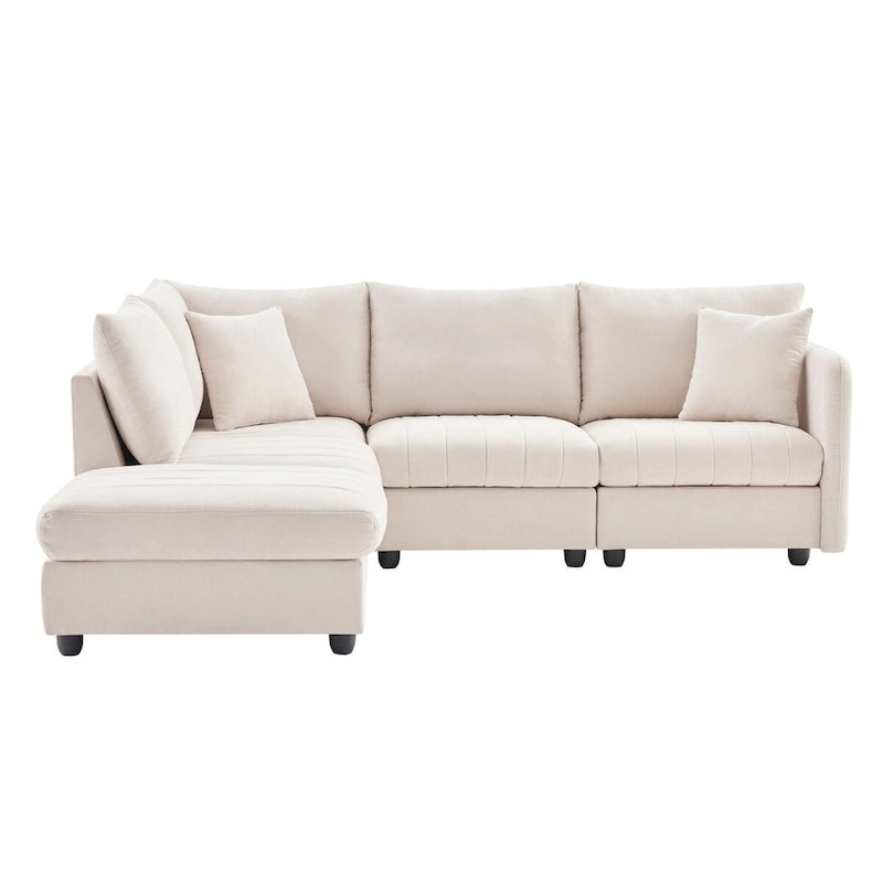 Canapé d'angle 5 places moderne en L avec rayures verticales, 2 coussins, pouf convertible