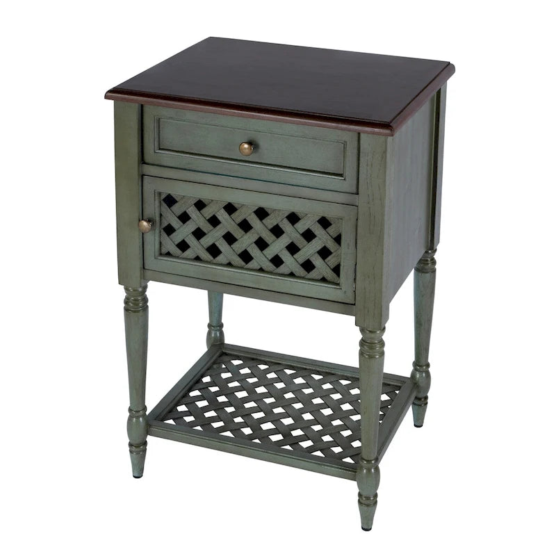 Table d'appoint rustique bicolore avec porte à croisillons tressés et tiroir