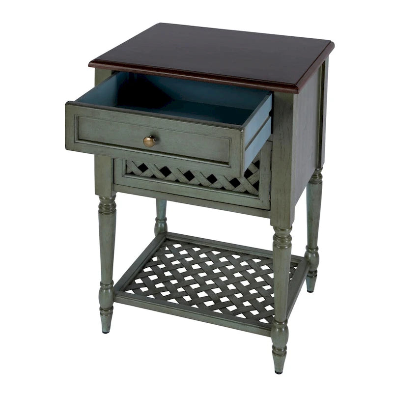 Table d'appoint rustique bicolore avec porte à croisillons tressés et tiroir
