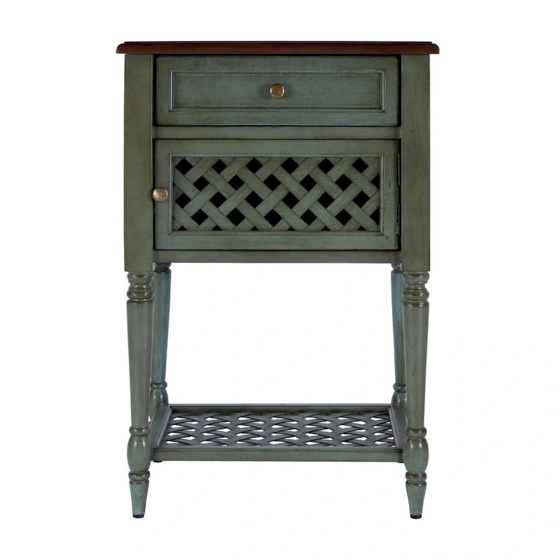 Table d'appoint rustique bicolore avec porte à croisillons tressés et tiroir