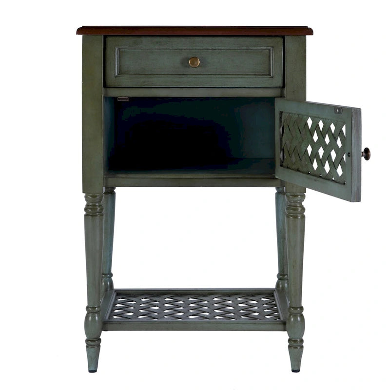 Table d'appoint rustique bicolore avec porte à croisillons tressés et tiroir