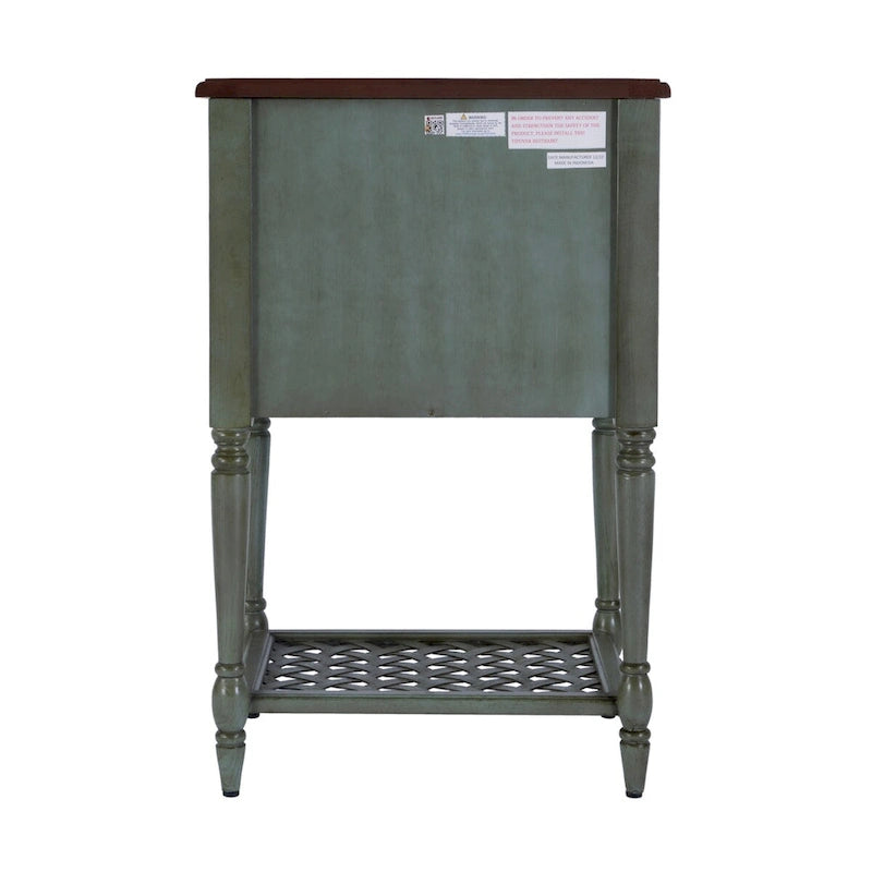 Table d'appoint rustique bicolore avec porte à croisillons tressés et tiroir