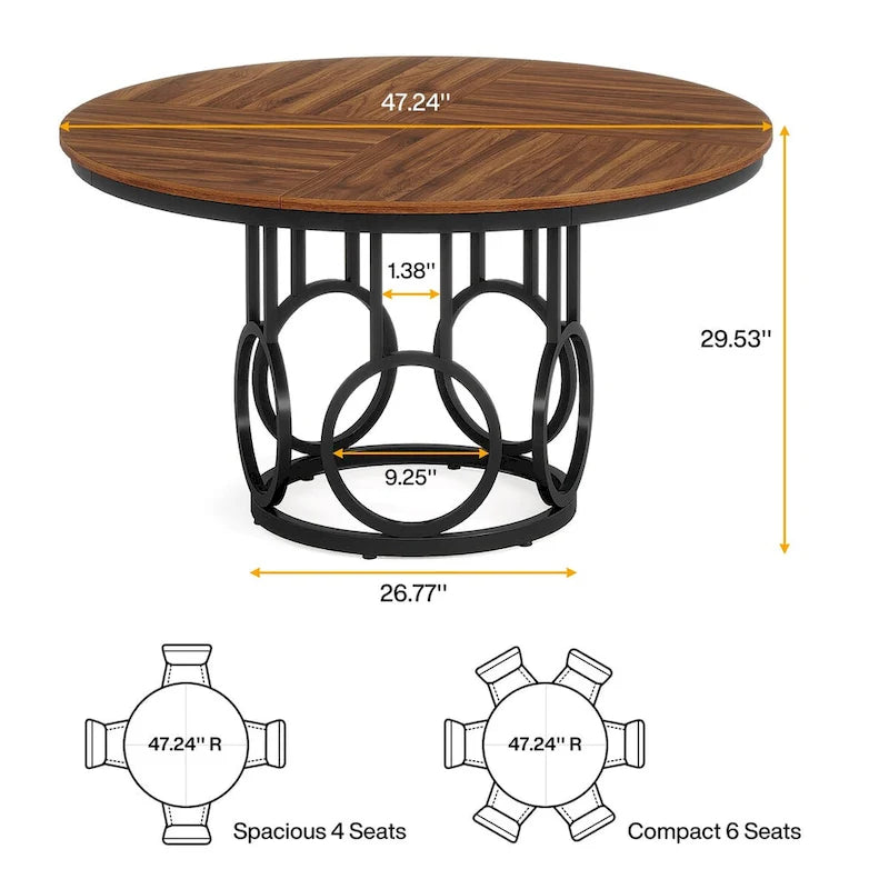 Table à manger ronde de 47" pour 4 à 6 personnes avec base métallique robuste pour salle à manger