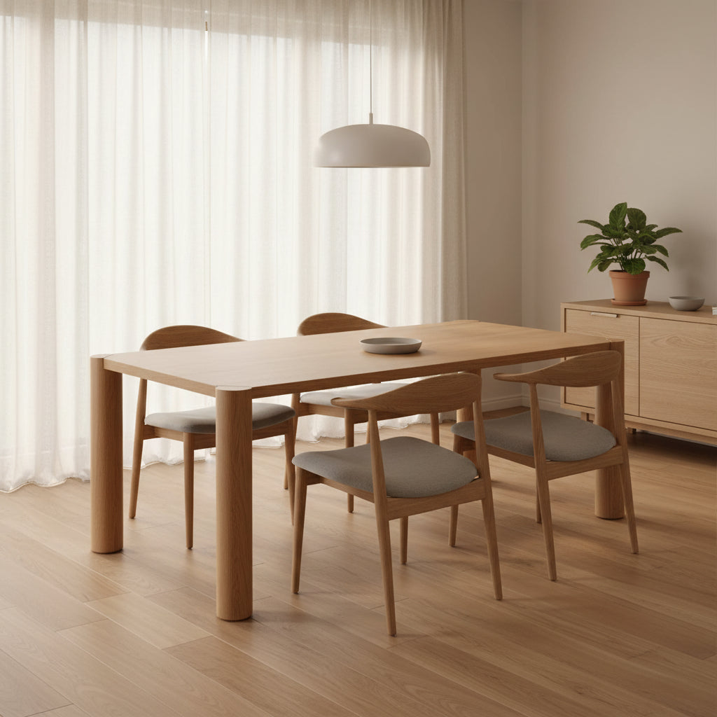 Table à manger moderne en chêne massif avec pieds modulables