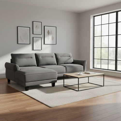 Cyra 110 Inch 2 Piece Sectional Sofa, Chaise, Gray Fabric, Welt Trim