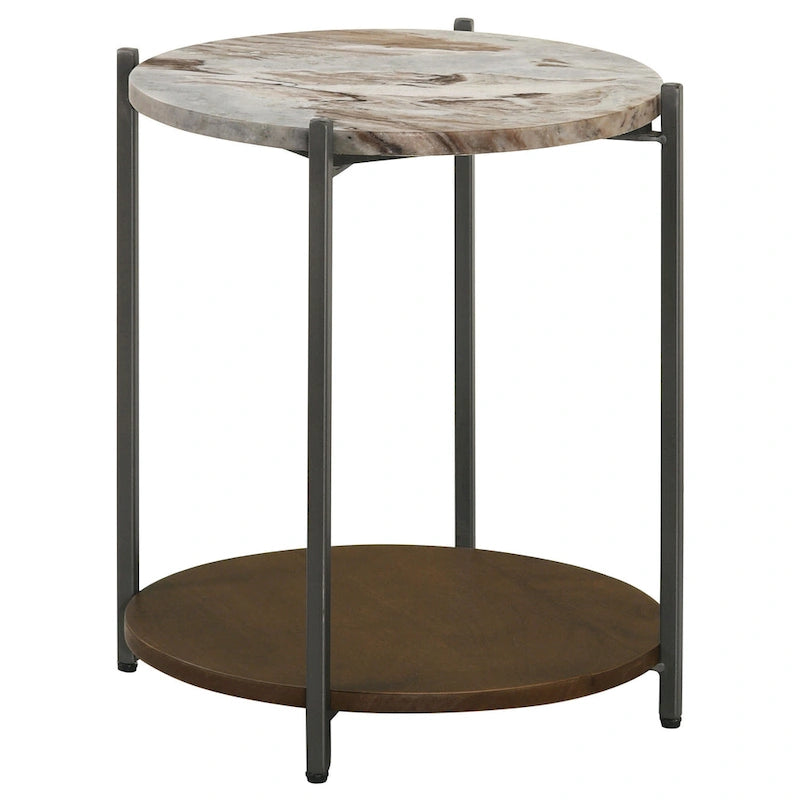 Table d'appoint de 50,8 cm, plateau rond en marbre, 1 étagère, marron, finition bronze à canon