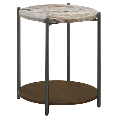 Table d'appoint de 50,8 cm, plateau rond en marbre, 1 étagère, marron, finition bronze à canon