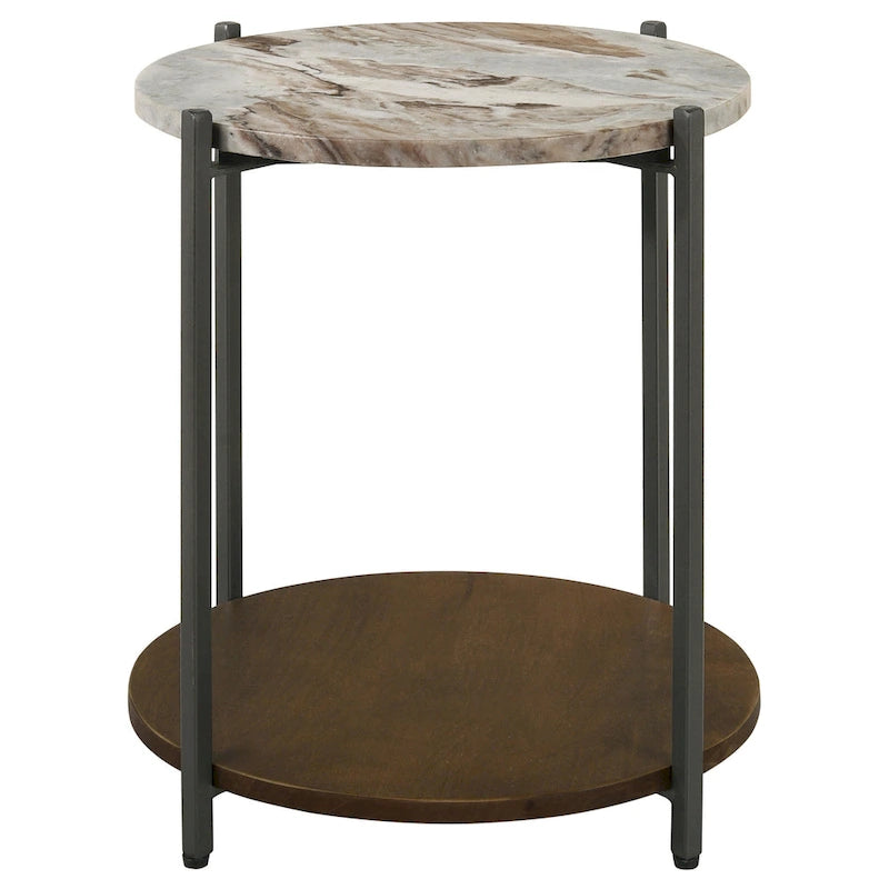 Table d'appoint de 50,8 cm, plateau rond en marbre, 1 étagère, marron, finition bronze à canon