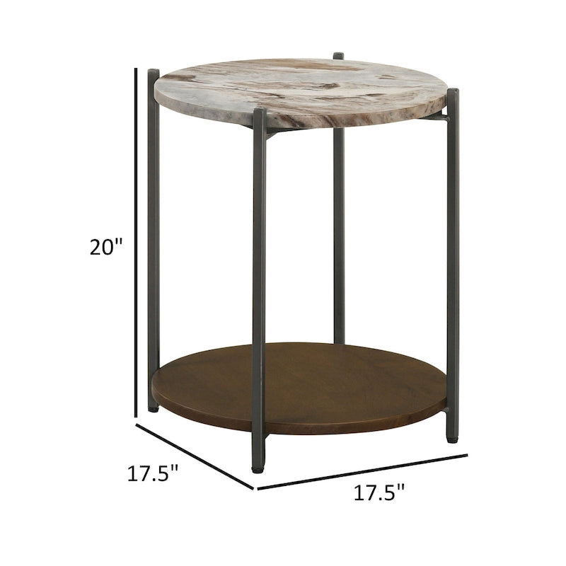 Table d'appoint de 50,8 cm, plateau rond en marbre, 1 étagère, marron, finition bronze à canon