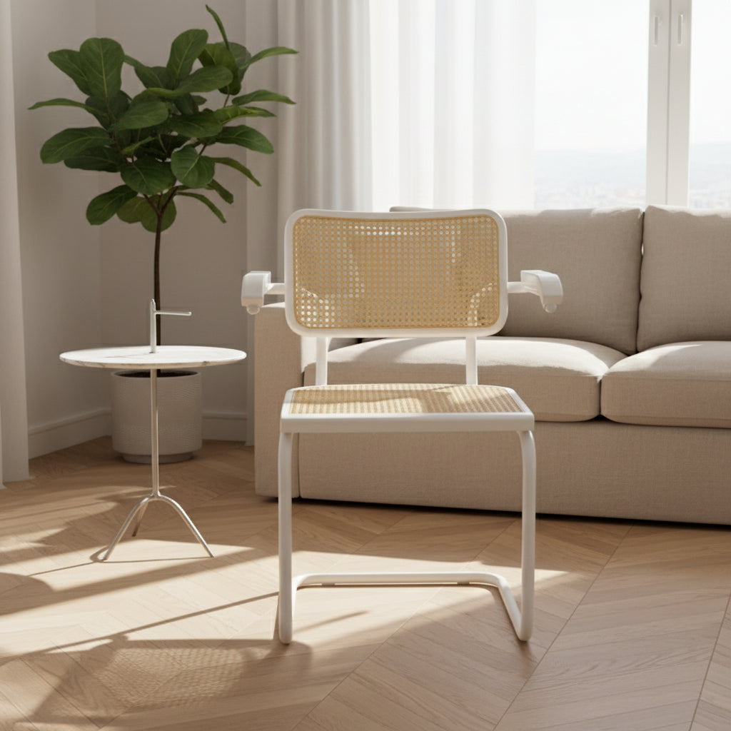 Fauteuil cantilever en rotin avec structure en acier blanc