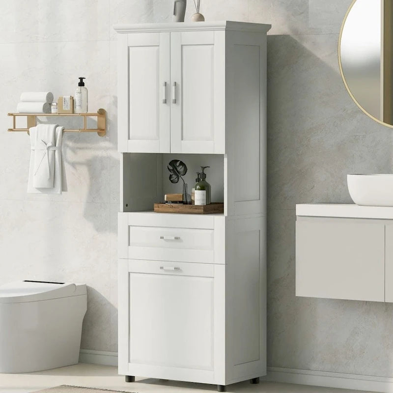 Colonne de salle de bain haute avec panier à linge Grand espace de rangement Panier à linge inclinable et meuble de rangement supérieur