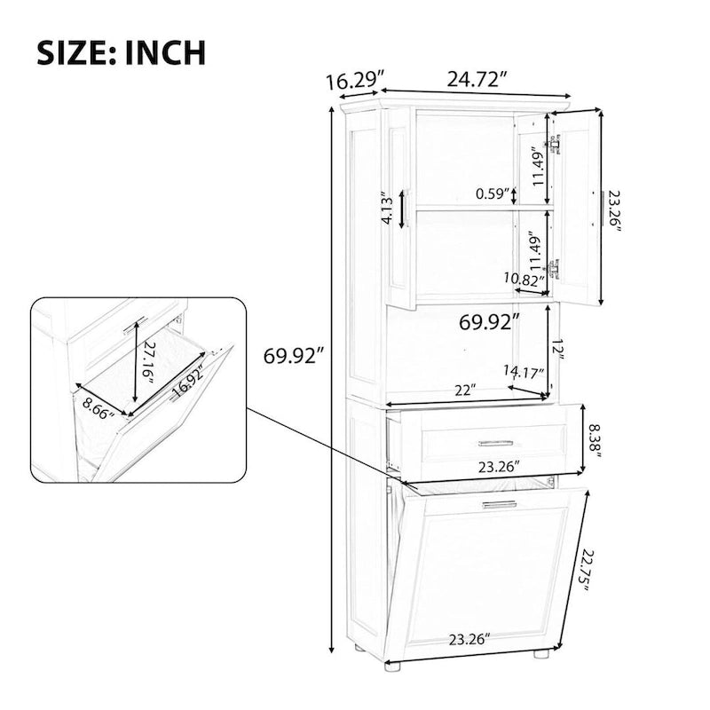Colonne de salle de bain haute avec panier à linge Grand espace de rangement Panier à linge inclinable et meuble de rangement supérieur
