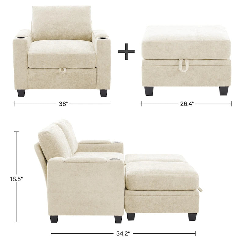 Canapé simple de rangement en chenille avec un pouf amovible