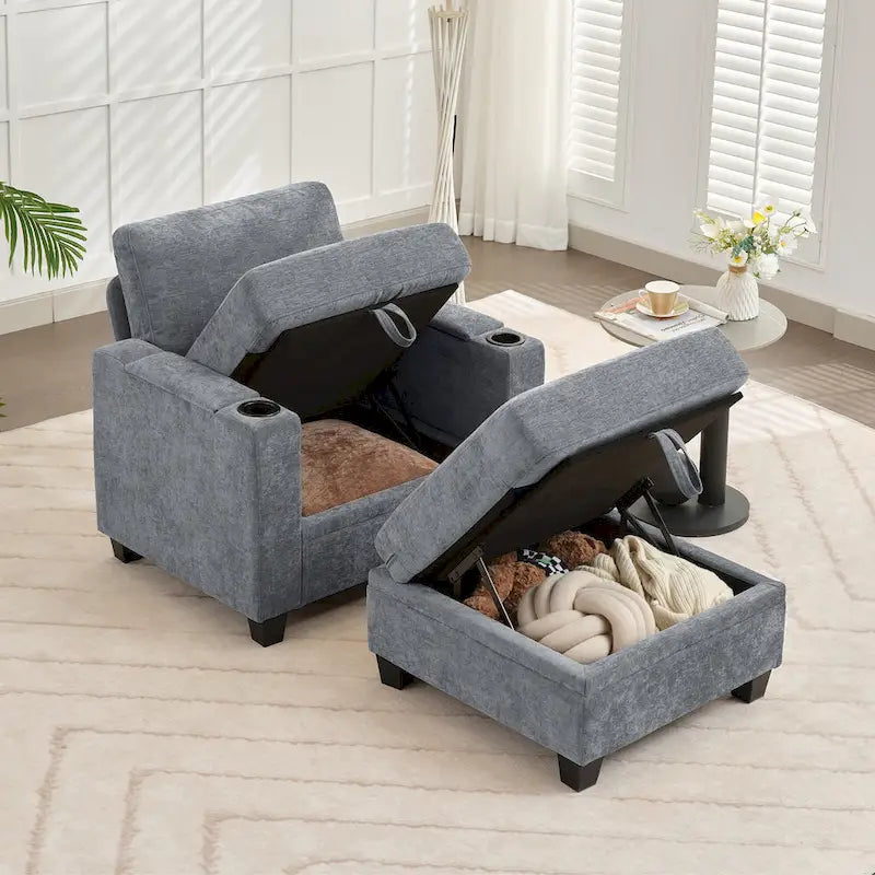 Canapé simple de rangement en chenille avec un pouf amovible