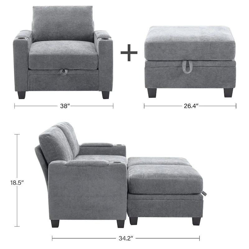Canapé simple de rangement en chenille avec un pouf amovible