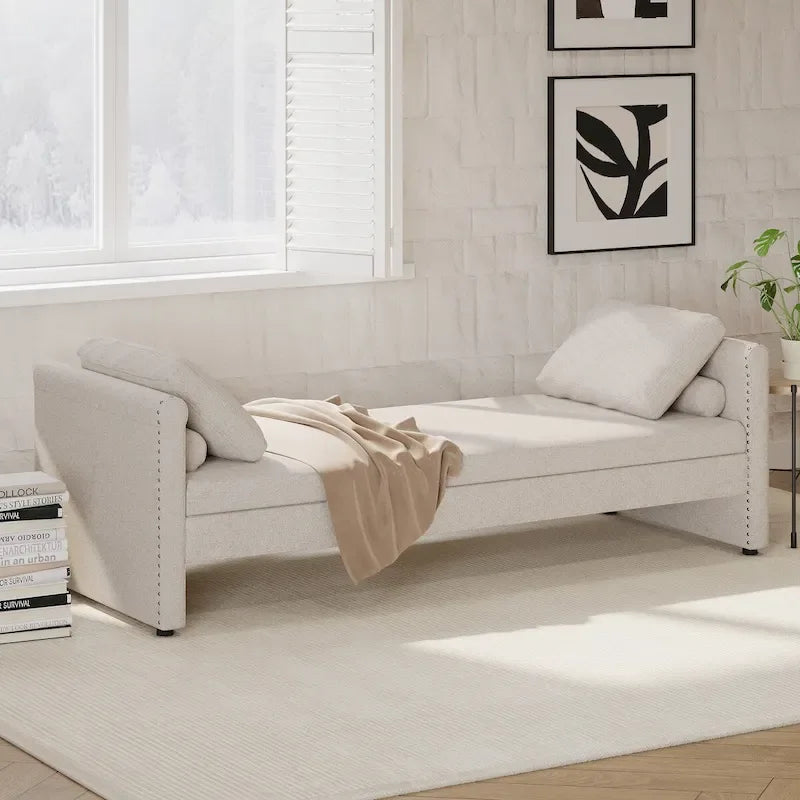 Lit de repos moderne rembourré avec oreillers, petit lit simple, aucun matelas requis, tissu en lin